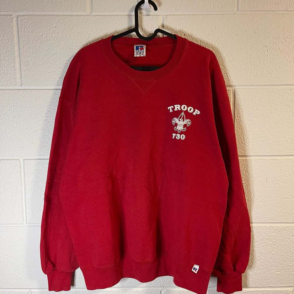 Vintage 90s Russell Athletic Red Boy Scouts Troop 730 Crewneck Sweatshirt XL Mad